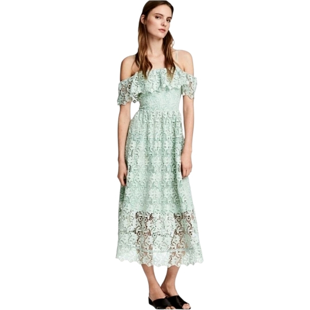 NWT H&M Off Shoulder Ruffled Lace Midi Dress Pale Blue Green Summer Party 10
